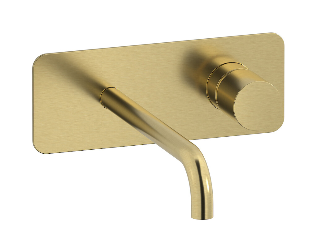 Встроенный в стену смеситель для раковины на 2 отверстия с длинным изливом в комплекте с донным клапаном WE ARE IB rr207is Brushed Pale Gold Brera