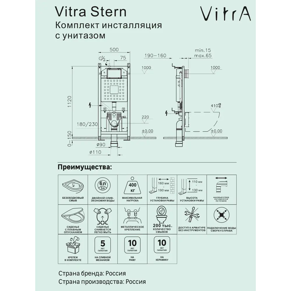 Комплект инсталляция с унитазом Vitra Stern 9016B083-7203 цвет черный 87071817 STLM-2119063 - Вид №3