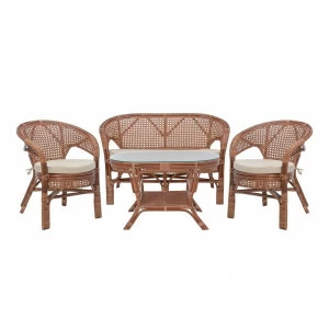 Лаундж зона из ротанга на 4 персоны с подушками миндаль Pelangi IMPEX  00-3885594 Бежевый;коричневый