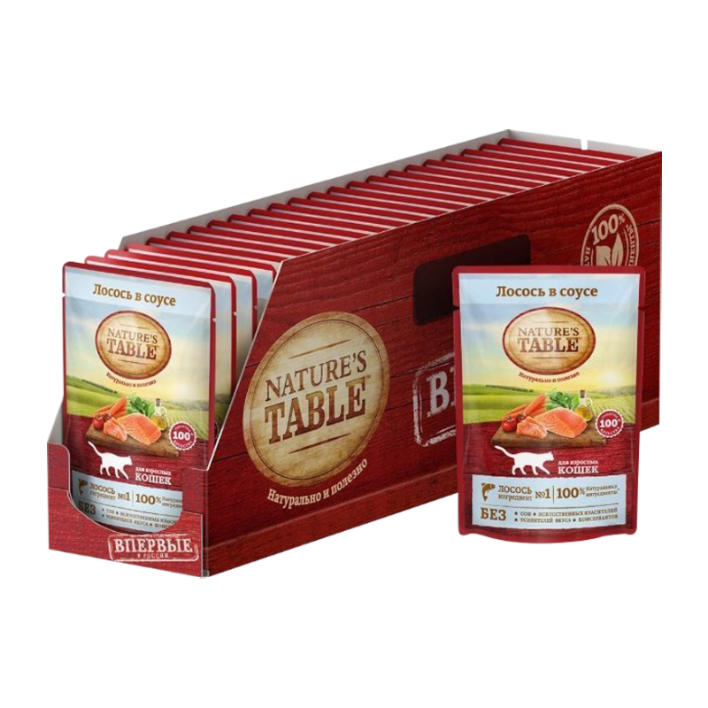 ПР0044845*24 Корм для кошек NATURE"S TABLE Лосось в соусе пауч 85г (упаковка - 24 шт) NATURE'S TABLE 