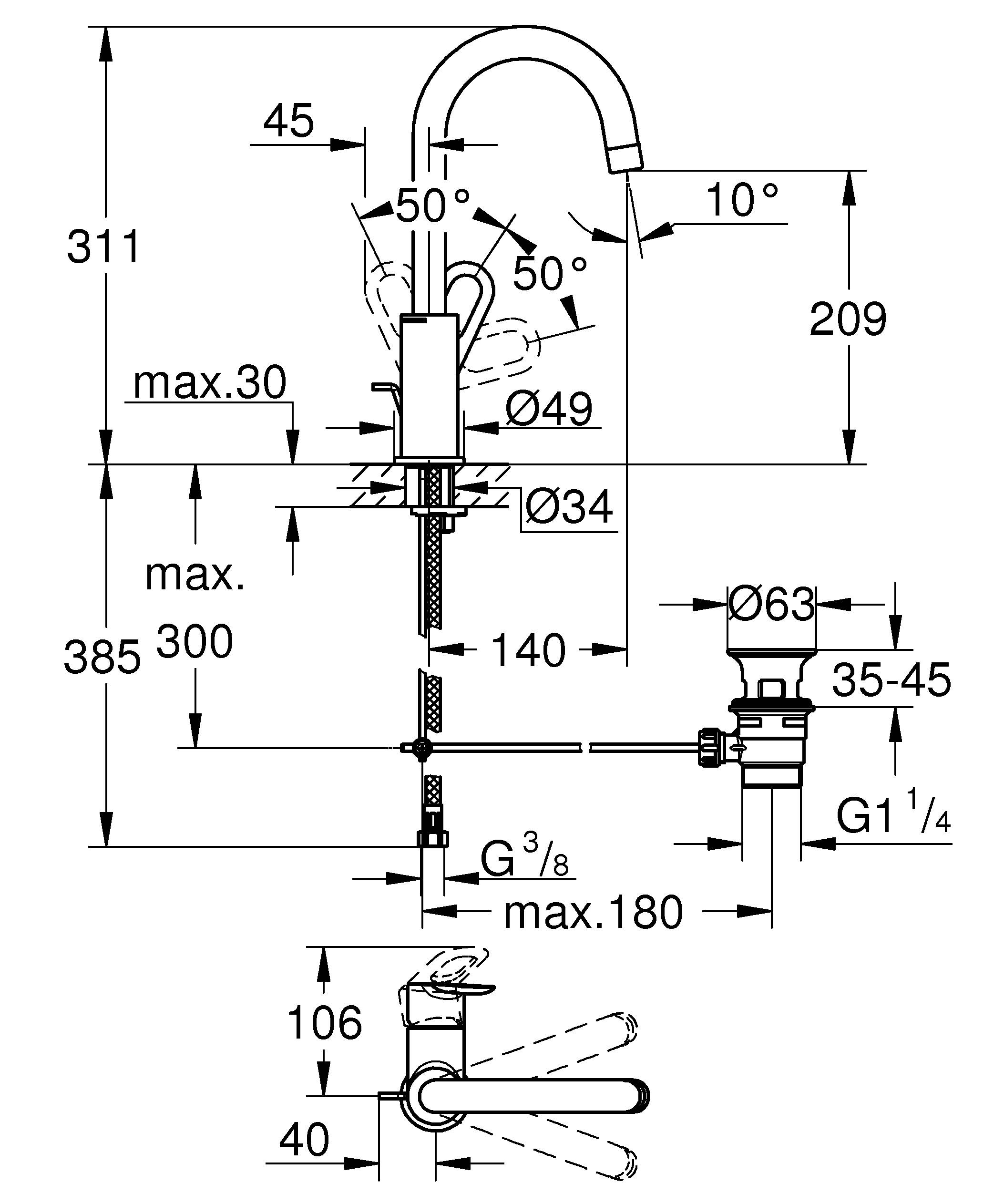 Смеситель для раковины GROHE BauLoop с донным клапаном, L-Size, хром (23763000) - Вид №1