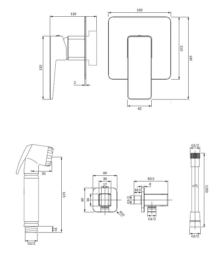 Настенный смеситель для биде с 2 отверстиями и ручным душем OMNIRES Парма ARCH-00024771 - Вид №1