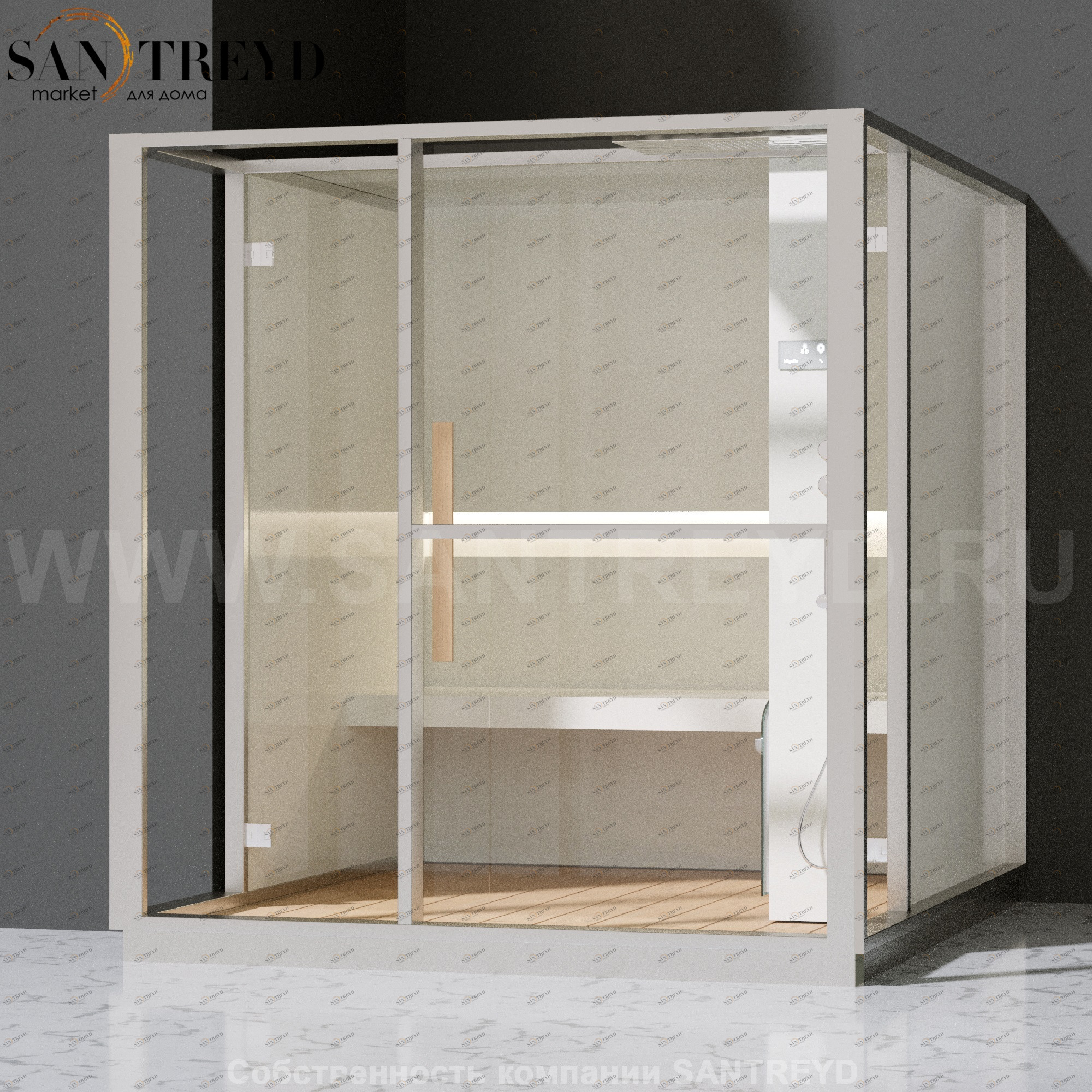 Effegibi LOGICA H LO30020013 Хаммам. Установка: в левый  полуугол. Правая дверь. Мощность: 4,5 кВт макс. Размеры: длина 214 см, ширина 250 см. Отделка: матовый лакированный белый аллюминий и серый ламинат из керамогранита.