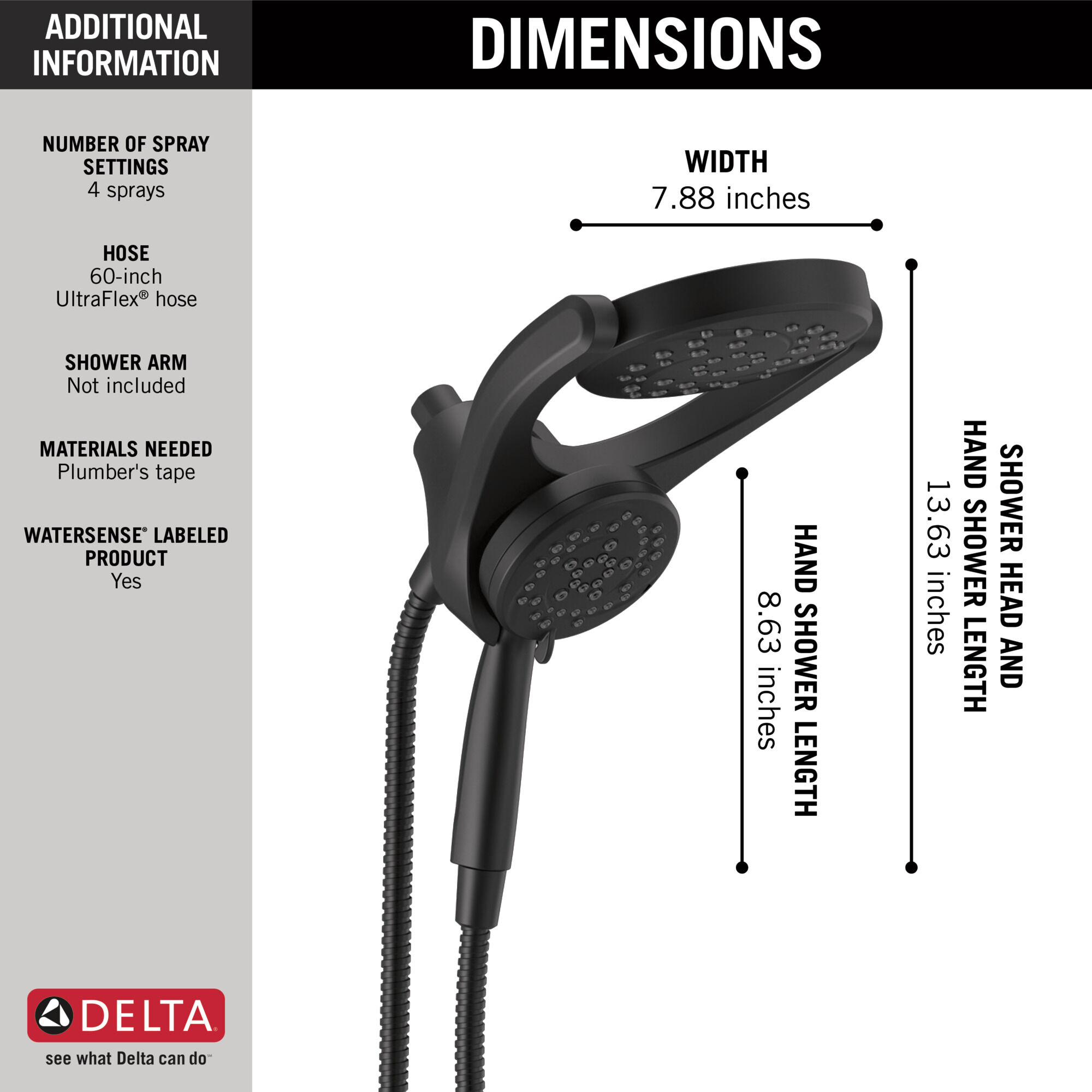 75699BL HydroRain® 4-настройка душевая лейка два в одном Delta Faucet DELTA Матовый черный - Вид №9