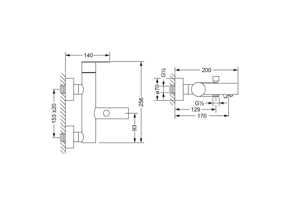 Смеситель однорычажный для ванны ½“ без душевого гарнитура, настенный монтаж JOERGER Plateau 630.20.510.000 - Вид №1