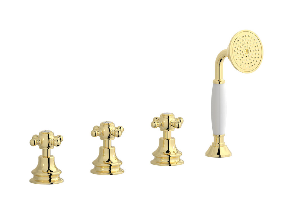 Смеситель на бортик ванной на 4 отверстия с изливом, дивертером и душевым гарнитуром. WE ARE IB hr397ii Pale Gold Hermes