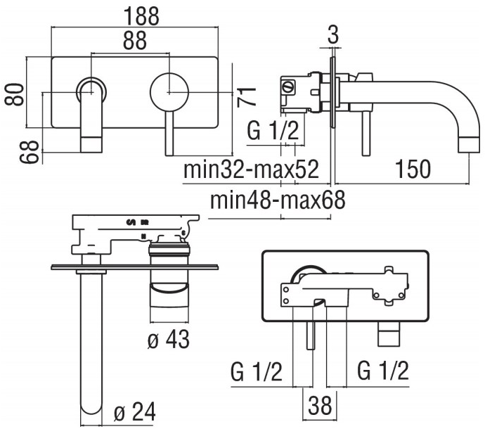 Nobili Rubinetterie Смеситель для умывальника настенный Live Lv00198cr - Вид №1