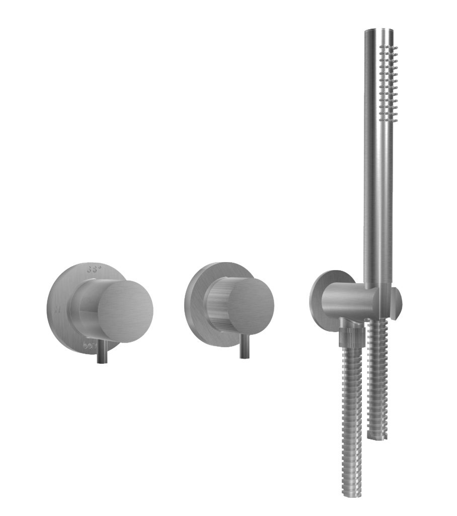 73551 / AD Встраиваемый смеситель для душа из матовой нержавеющей стали 316 с подключениями, термостатическим смесителем, переключателем на 2 выхода и дуплексным душем. Bongio Time2020 Basic 73551/AD