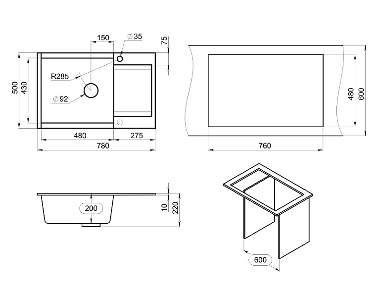 ES-7807, БАЗАЛЬТ, кухонная мойка, кварц, ESTETICA GRANULA 7807-ST264 - Вид №4