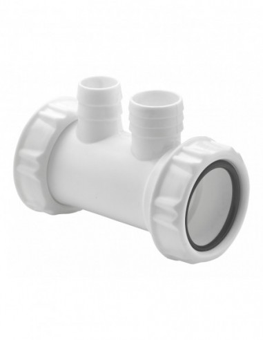 051500 001 00  Рукав с 2 переливными патрубками или для стиральной машины, вход 1 "1/2, выход Д. 40 мм, белый пластик Valentin Белый  - Вид №1