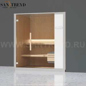 Effegibi ONE S LO50020007 Сауна. Установка: в правый угол. Правая дверь. Мощность: 6 кВт макс. Размеры: длина 214 см, ширина 171 см. Отделка: канадский хемлок, матовый лакированный серый аллюминий и бежевый ламинат из керамогранита.