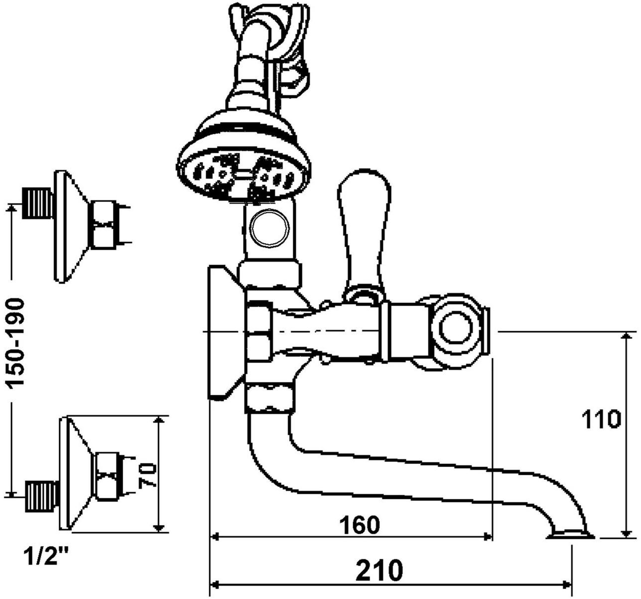 rvb Смеситель для ванны настенный с ручным душем на 2 отверстия Flamant butler 1950.11.99-wo - Вид №1