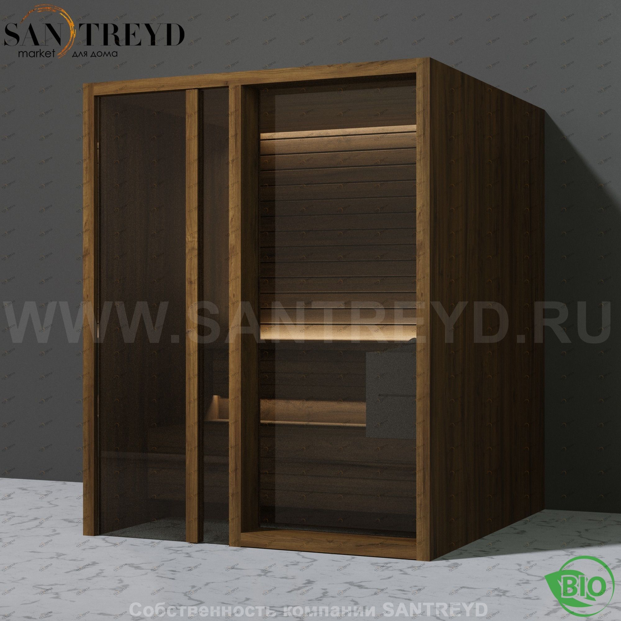 Effegibi YOKU.G60 BI.70300014 Био-сауна с левой дверью. Мощность: 6 кВт макс. Размеры: длина 174 см, ширина 170 см. Отделка: чёрный орех BI70300014