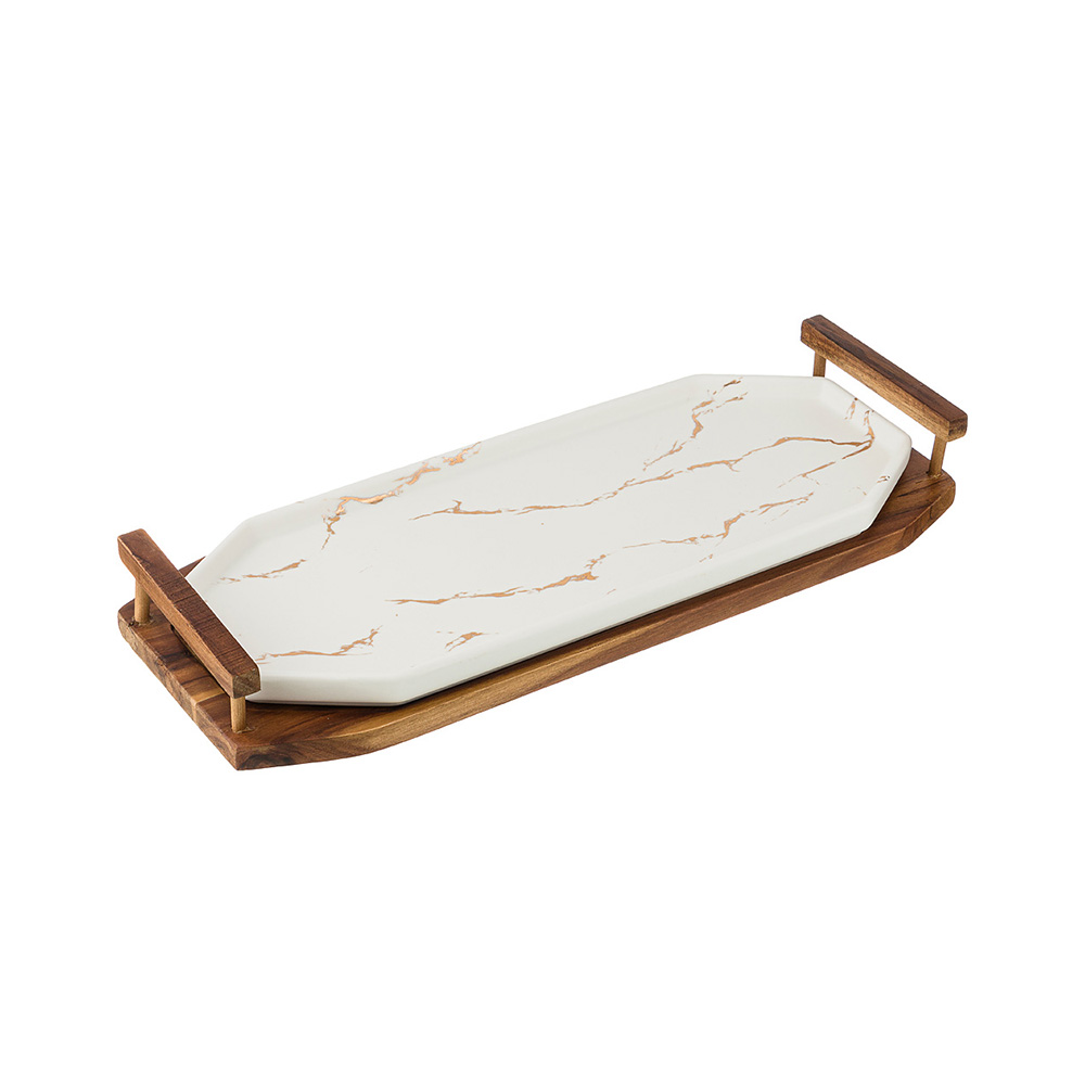 412-115 Посуда фарфоровая Блюдо для сервировки с деревянными ручками на подставке коллекция золотой мрамор Lefard 