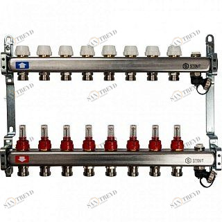 Коллектор из нерж. стали на 8 вых. с расходомерами, сливом и клапаном STOUT SMS0927000008