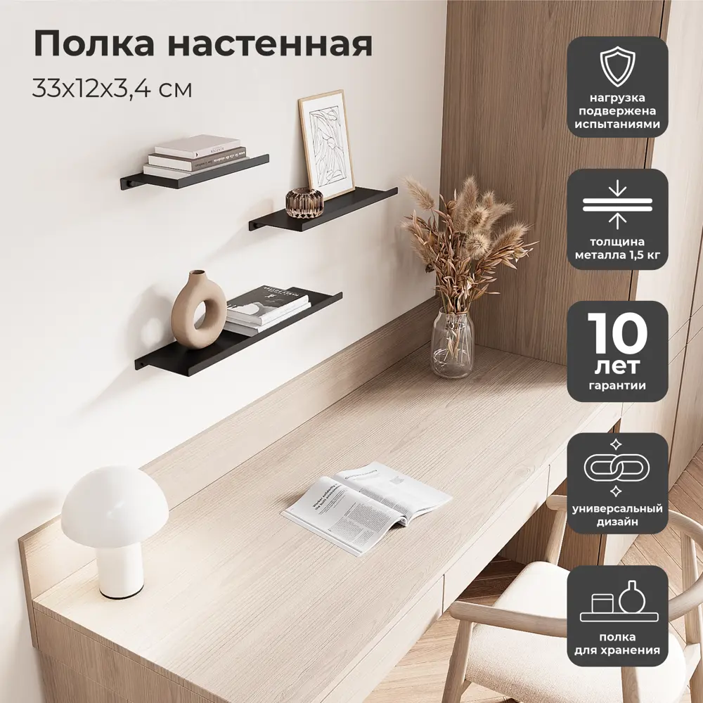 Полка настенная 33x12 см со скрытым креплением металл цвет черный 89390779 STLM-2172986 Santreyd  - Вид №10