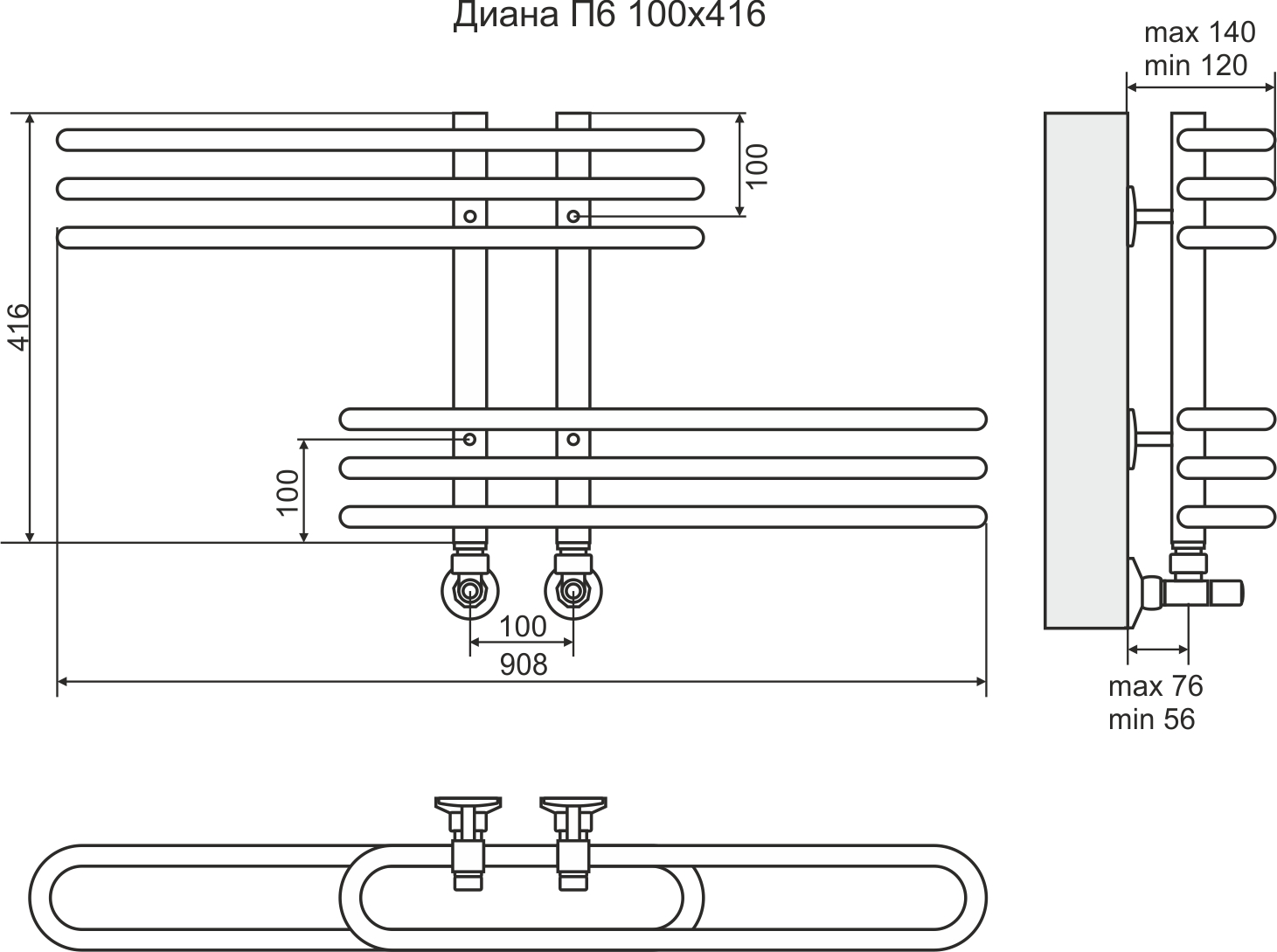 4620768886447 СТАНДАРТ Диана П6 100х416 (3+3) Полотенцесушитель TERMINUS Нержавеющая сталь - Вид №2