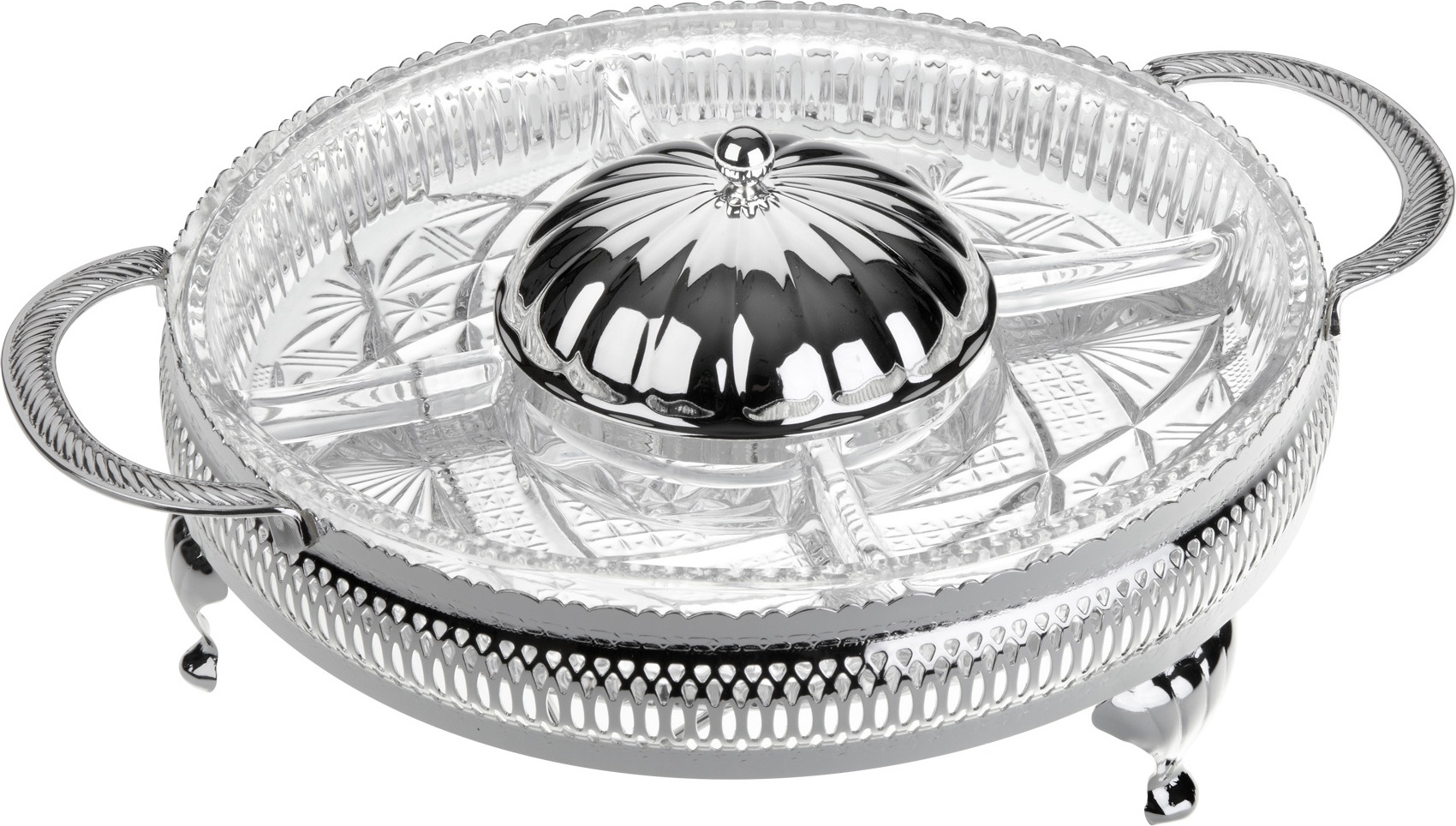 10647038 Queen Anne Менажница 5 секций с центральной крышкой Queen Anne с ручками 25см, сталь, стекло, посеребрение Сталь нержавеющая с посеребрением, стекло 
