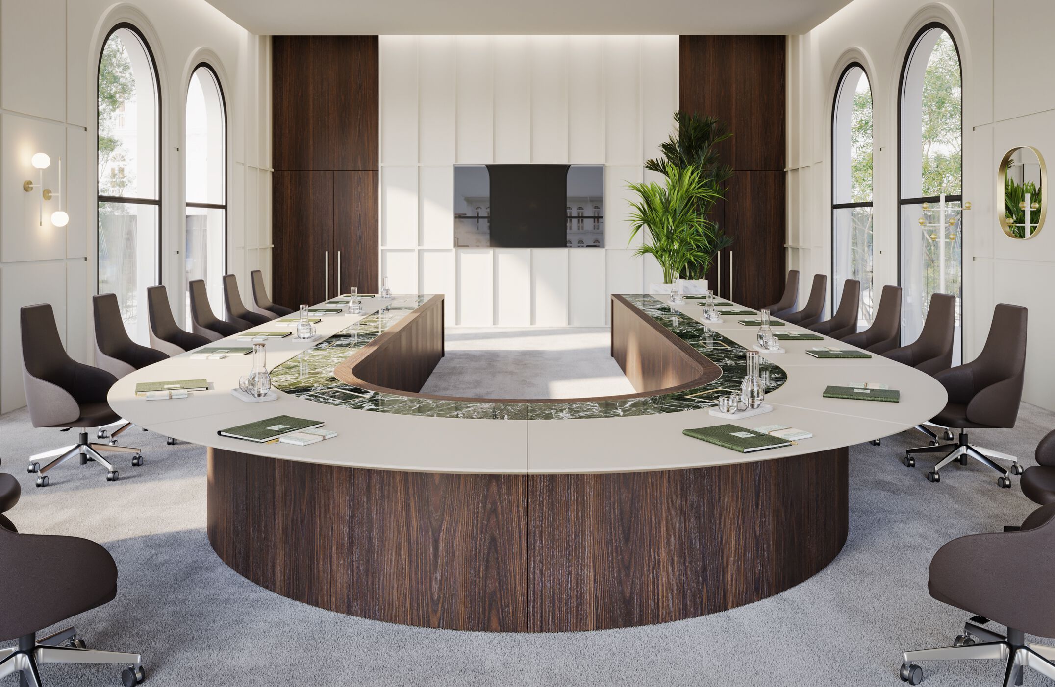 Стол для совещаний с деревянным шпоном и стеклянной и кожаной столешницей PROF Bespoke ARCH-00128249 - Вид №1
