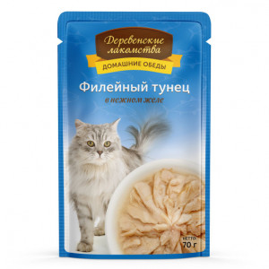 ПР0046894 Корм для кошек Филейный тунец в нежном желе пауч 70г ДЕРЕВЕНСКИЕ ЛАКОМСТВА