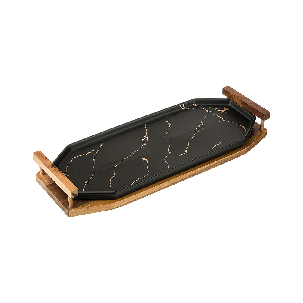 412-114 Посуда фарфоровая Блюдо для сервировки с деревянными ручками на подставке коллекция золотой мрамор Lefard 