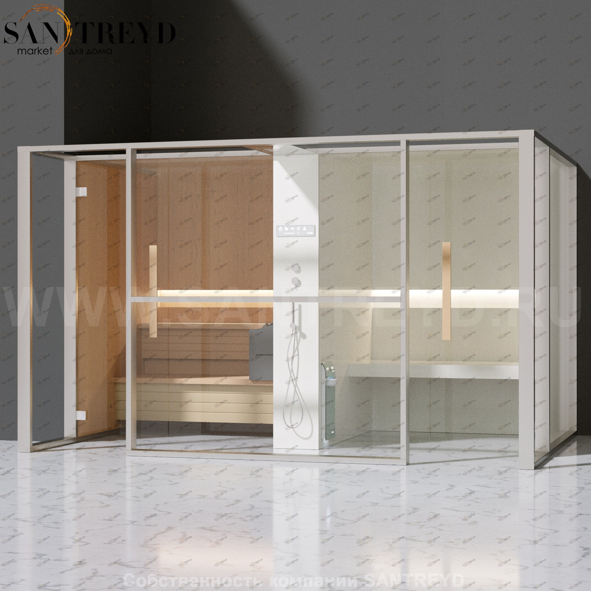 Effegibi LOGICAFILO LO11020004 Комбинированная баня: хаммам и сауна. Установка: в левый  полуугол. Мощность: 10,5 кВт макс. Размеры: длина 373 см, ширина 250 см. Отделка: канадский хемлок, матовый лакированный белый аллюминий и серый ламинат из керамогран