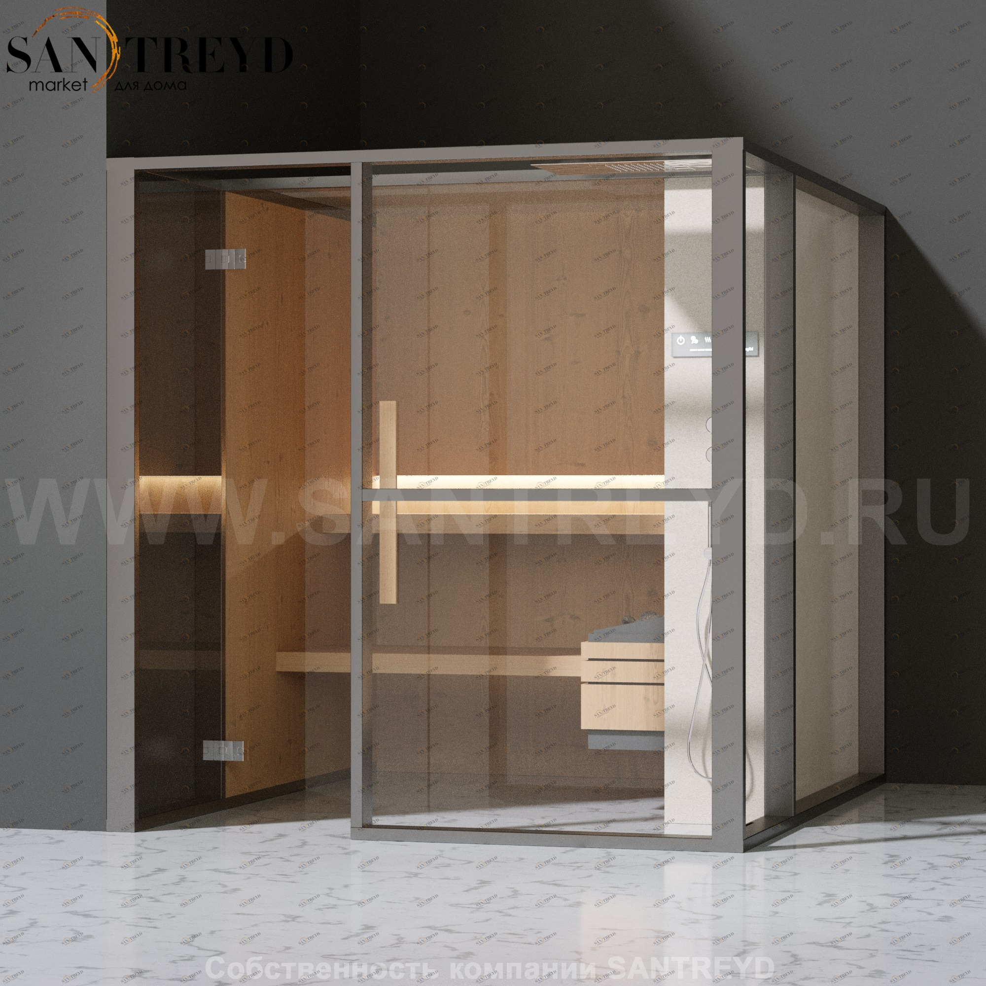 Effegibi LOGICAFILO S LO21010005 Сауна. Установка: в левый угол. Правая дверь. Мощность: 6 кВт макс. Размеры: длина 214 см, ширина 250 см. Отделка: канадский хемлок, матовый лакированный серый аллюминий и бежевый ламинат из керамогранита.