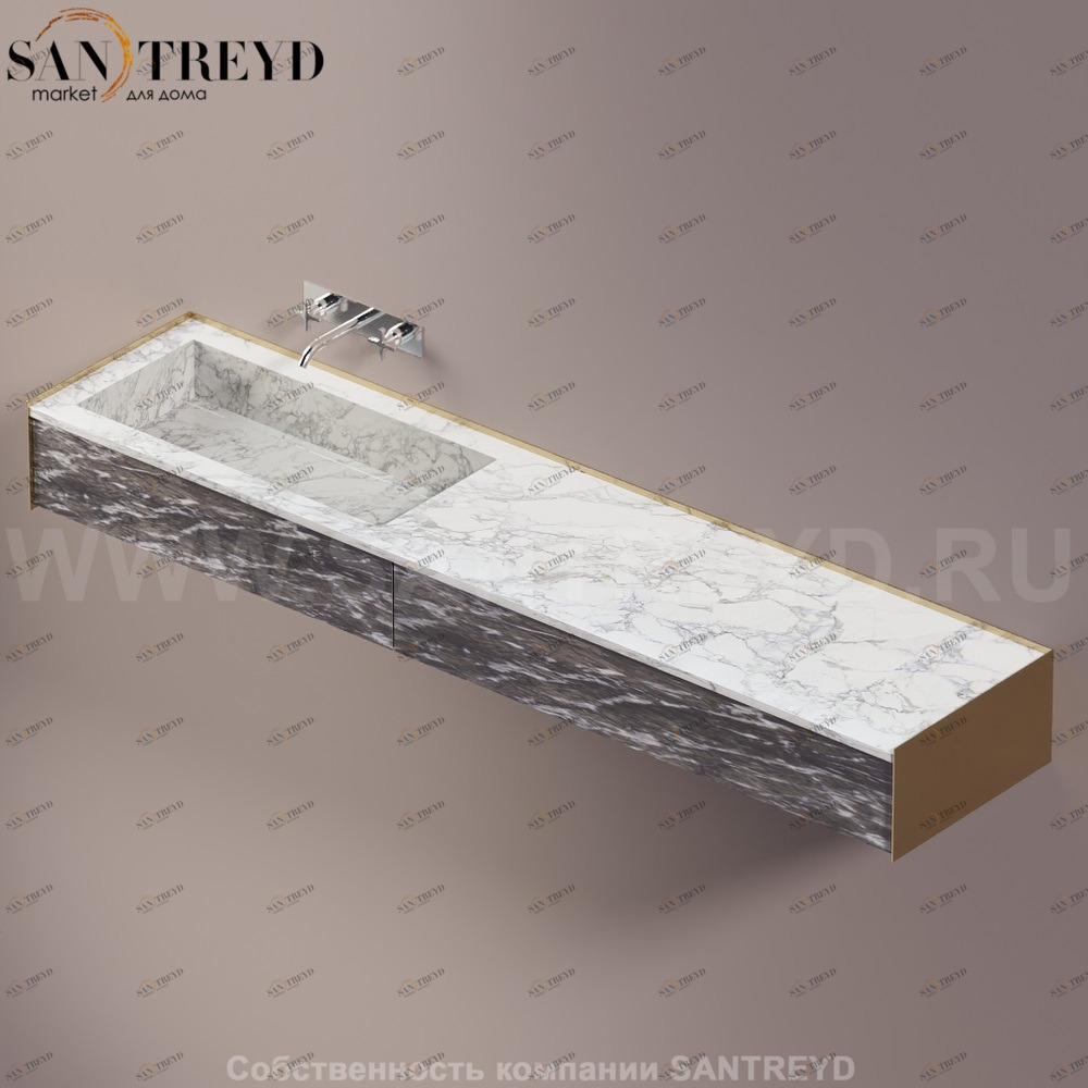 Agape DR Раковина столешница 220 см, с 2-мя выдвижными ящиками. Отделка: бронза , белый мрамор и серый мрамор ADRP22SNRMCGC