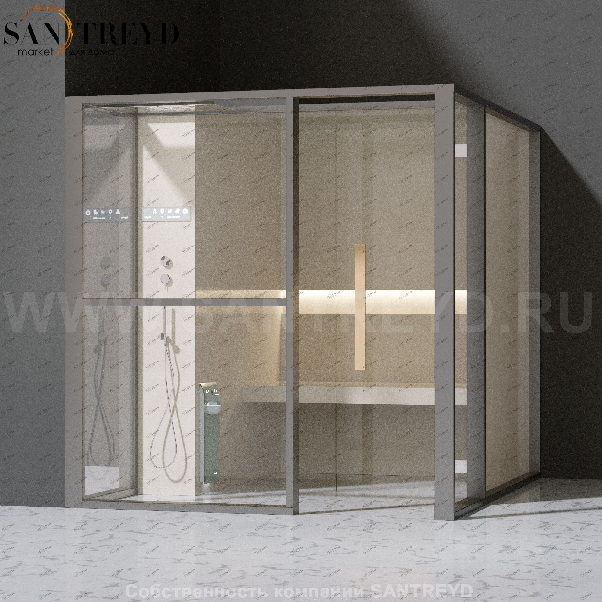Effegibi LOGICAFILO H LO31010006 Хаммам. Установка: в левый угол. Левая дверь. Мощность: 4,5 кВт макс. Размеры: длина 214 см, ширина 250 см. Отделка: матовый лакированный серый аллюминий и бежевый ламинат из керамогранита.