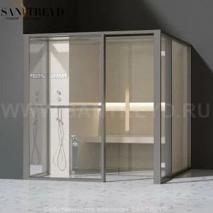 Effegibi LOGICAFILO H LO31010006 Хаммам. Установка: в левый угол. Левая дверь. Мощность: 4,5 кВт макс. Размеры: длина 214 см, ширина 250 см. Отделка: матовый лакированный серый аллюминий и бежевый ламинат из керамогранита.