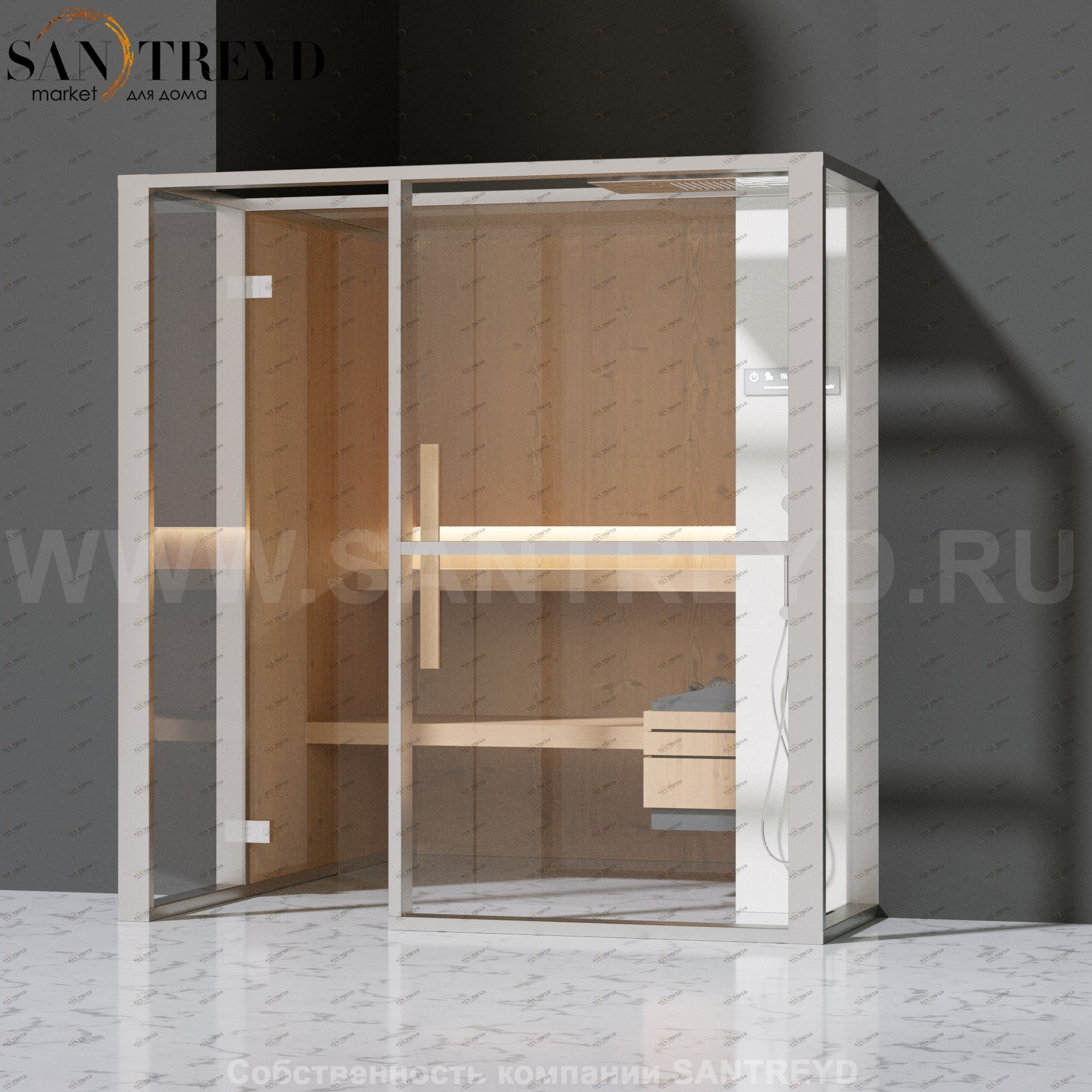 Effegibi LOGICAFILO S LO21020011 Сауна. Установка: в полунишу. Правая дверь. Мощность: 6 кВт макс. Размеры: длина 214 см, ширина 250 см. Отделка: канадский хемлок, матовый лакированный белый аллюминий и серый ламинат из керамогранита.