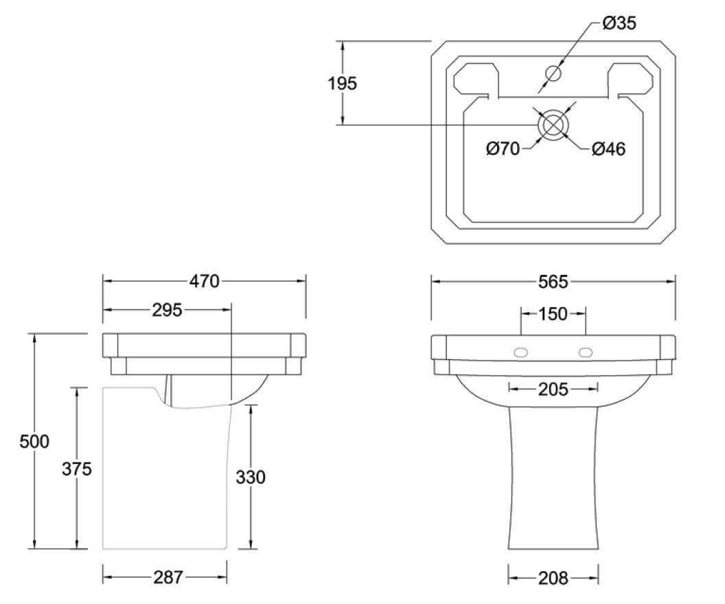 Прямоугольный умывальник из окна на полуколонне Burlington Викторианская ARCH-00068073 - Вид №1