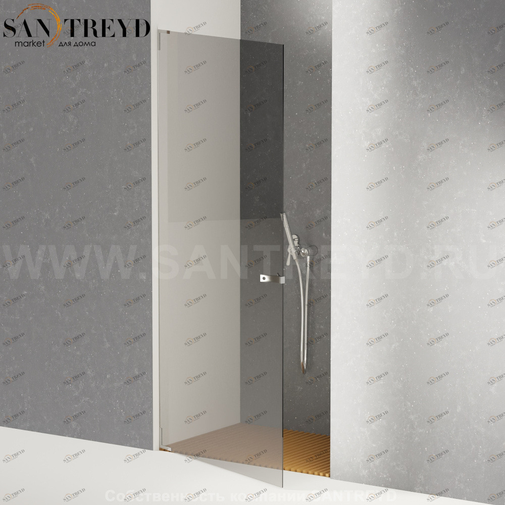 Душевое ограждение FLAT D подрезаемое, стеклянная нишевая с дверью дымчатая перегородка с поддоном из тика. Размеры: длина от 68,2 до 100 см Agape DB10100TM