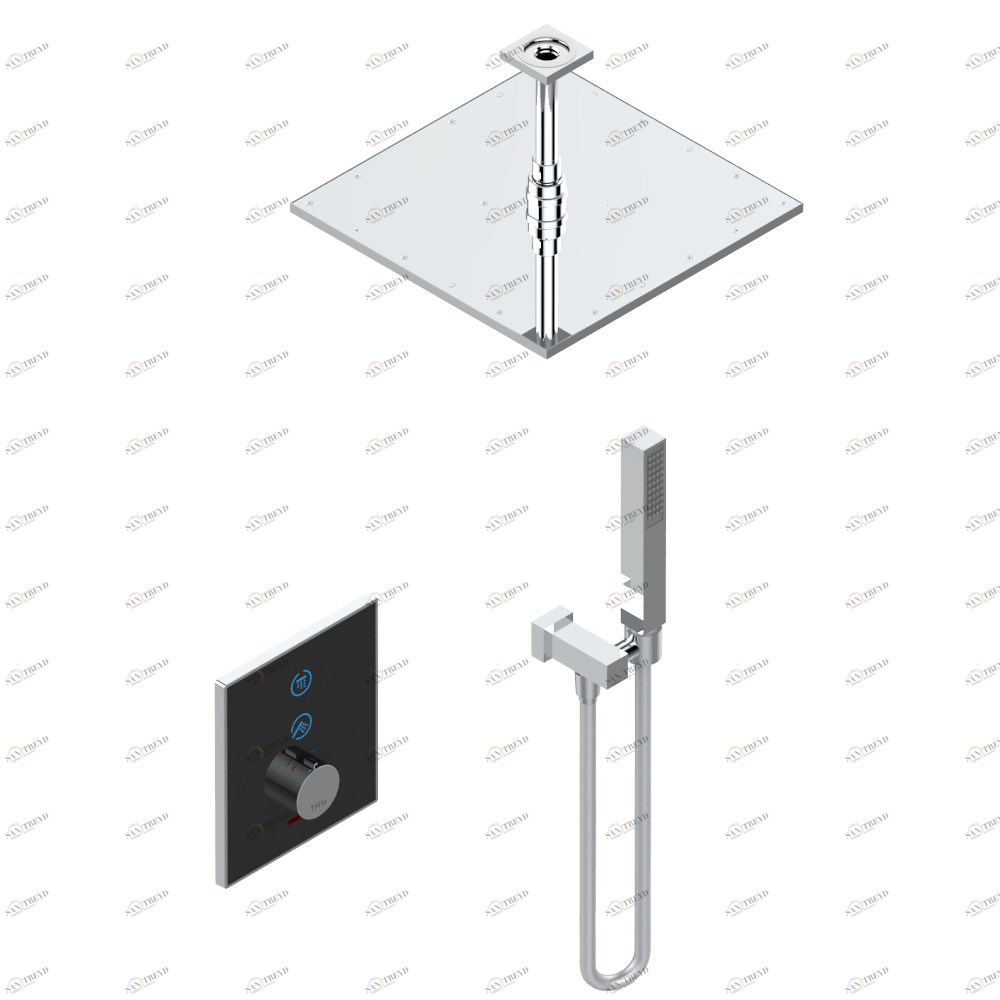 D14-6732N Комплект для душа Electrobox (включающий квадратную лейку для душа 300 х 300 мм с вертикальным держателем, ручной душ и смеситель с черной панелью, встраиваемый корпус и трансформатор) Thg-paris Electrobox Хром D14 6732N  A02 CAT.A