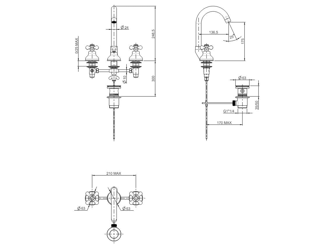 Смеситель для раковины с 3 отверстиями Rubinetterie Frattini Dedra ARCH-00000954 - Вид №1