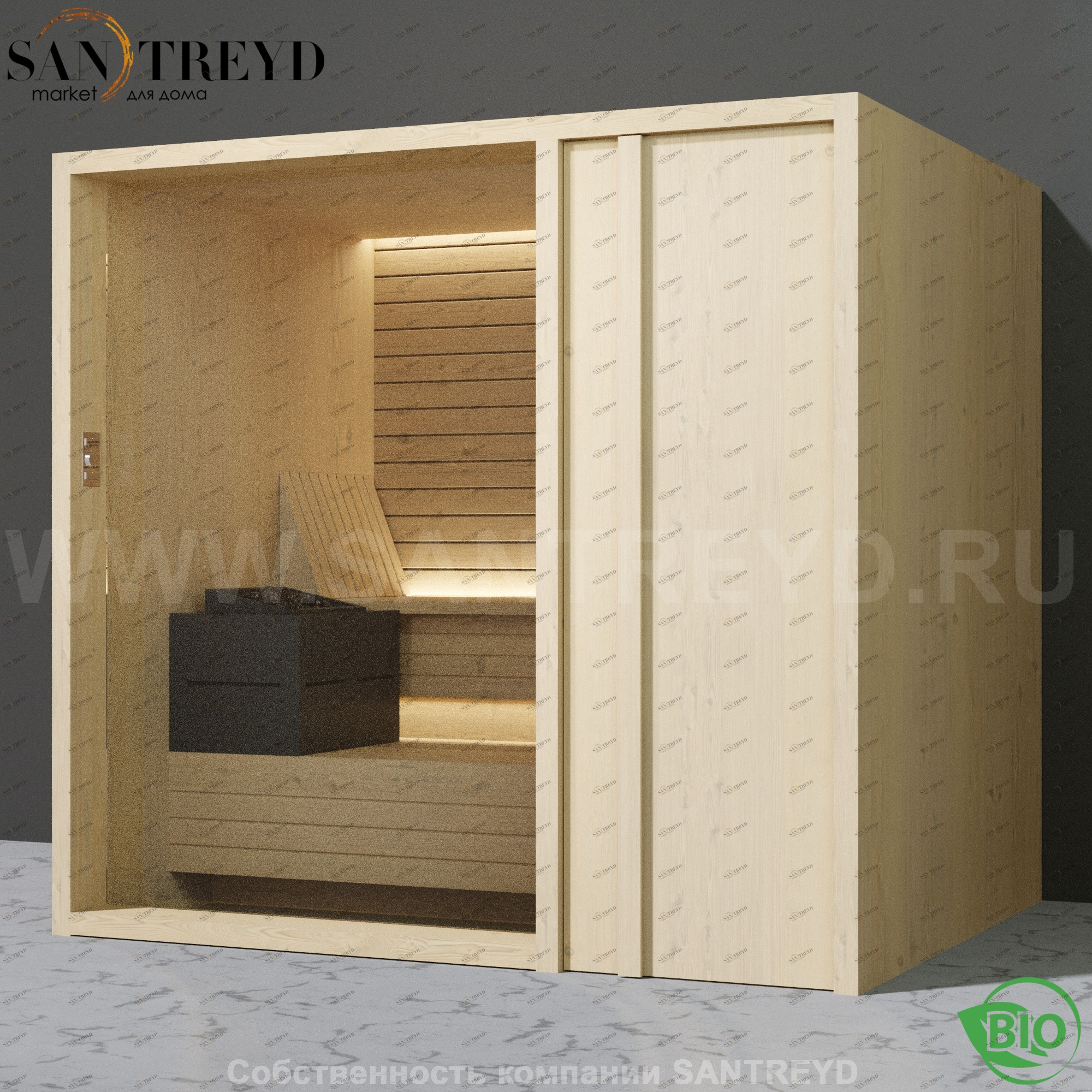 Effegibi YOKU.D105 BI.70200003 Био-сауна с правой дверью. Мощность: 12 кВт макс. Размеры: длина 230 см, ширина 200 см. Отделка: осина термообработанная BI70200003