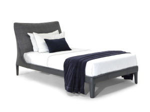 Односпальная кровать из кожи и ткани с мягким изголовьем