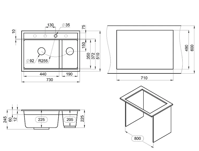 KS-7302, ЧЁРНЫЙ кухонная мойка, кварц GRANULA 7302-ST334 - Вид №3