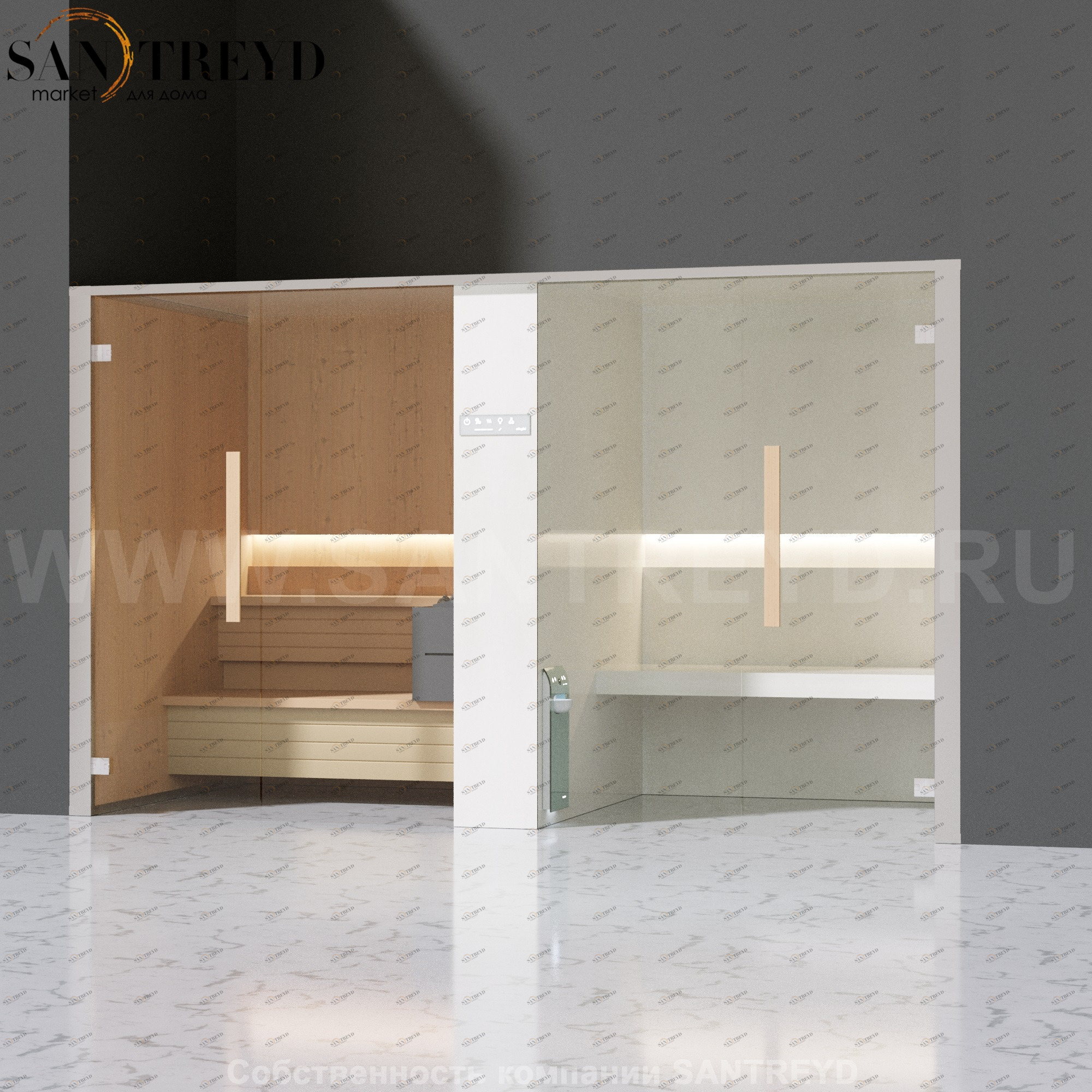 Effegibi LOGICAFILO SH LO41020005 Комбинированная баня: хаммам и сауна. Установка: в нишу. Мощность: 10,5 кВт макс. Размеры: длина 373 см, ширина 171 см. Отделка: канадский хемлок, матовый лакированный белый аллюминий и серый ламинат из керамогранита.