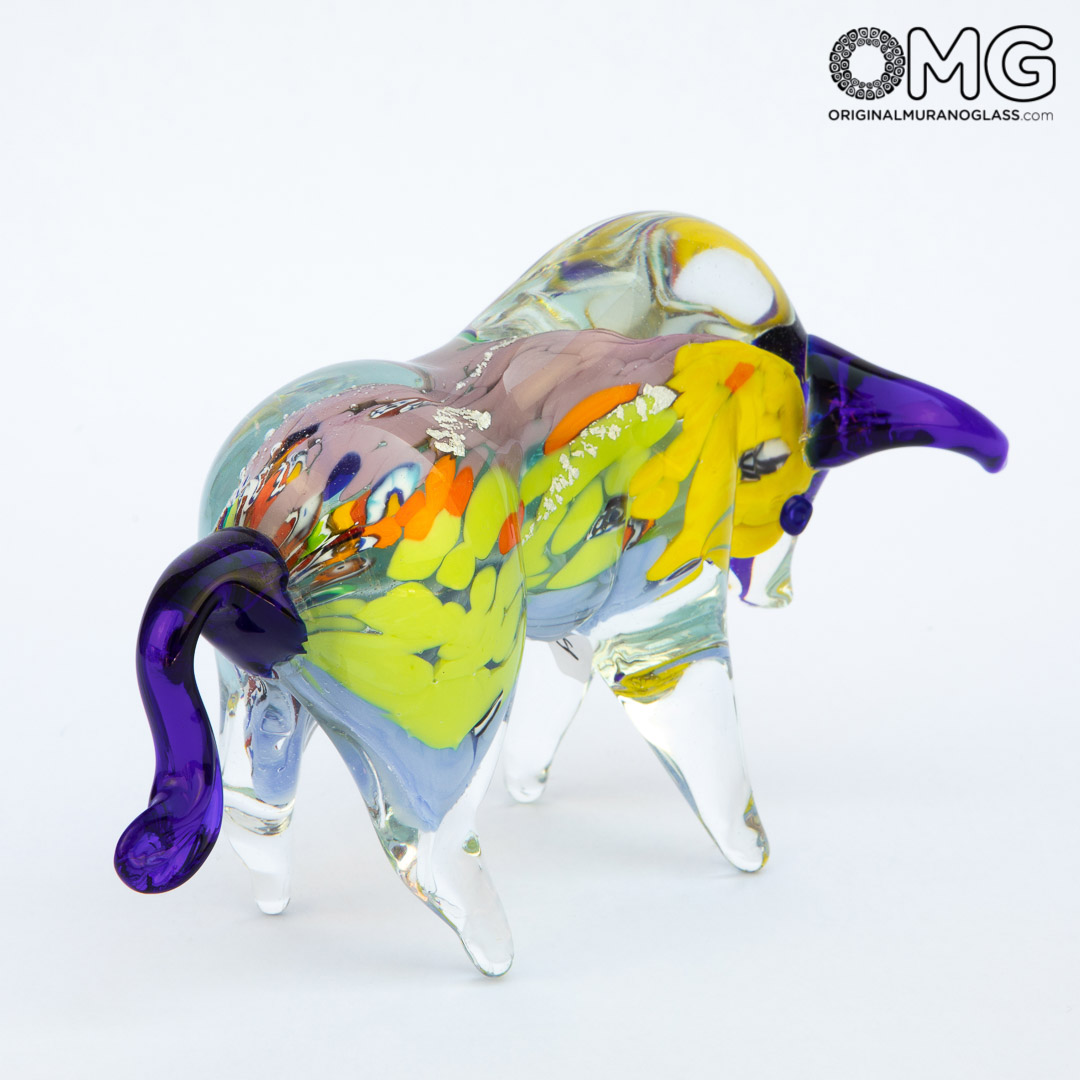 3379 ORIGINALMURANOGLASS Скульптура Разноцветный Бык - серебро - муранское стекло OMG 17 см  - Вид №1
