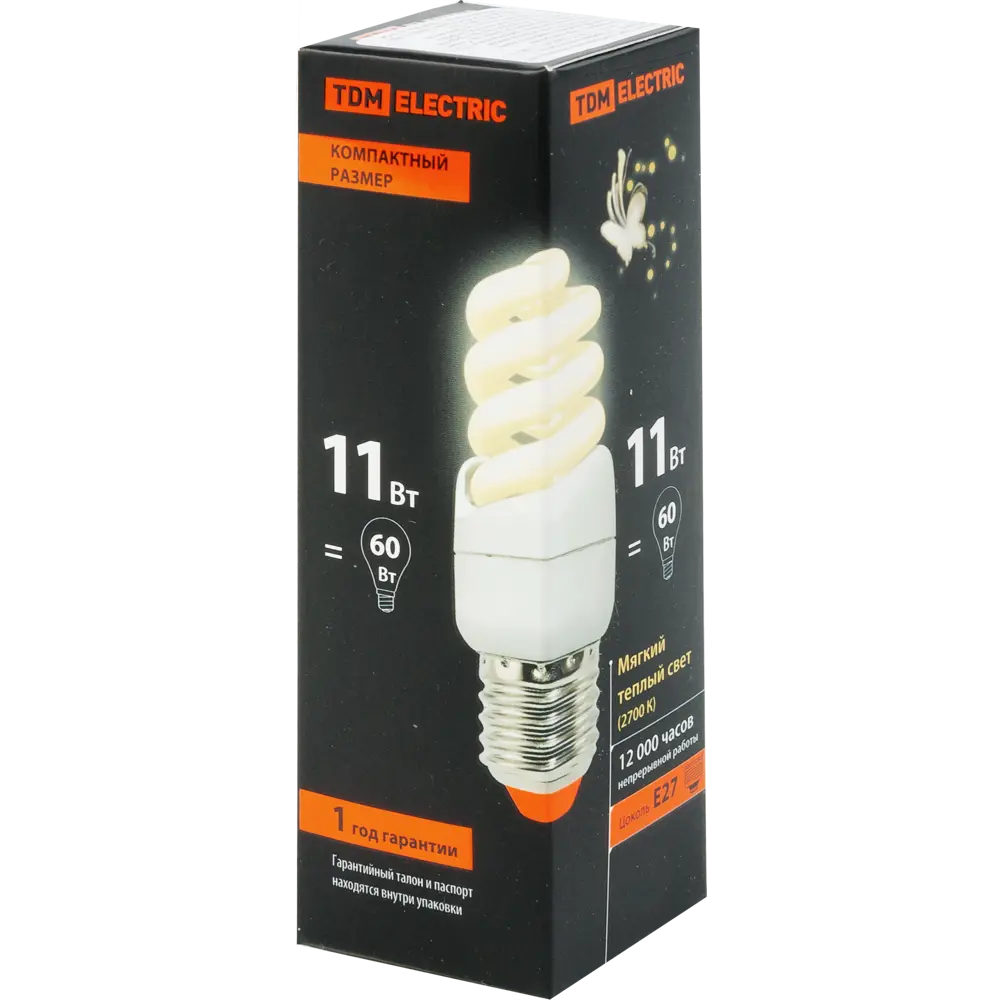 Лампа энергосберегающая E27 230 В 11 Вт спираль 3.3 м² свет тёплый белый TDM ELECTRIC STLM-2150711 - Вид №1