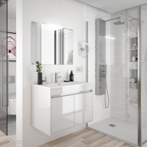 84979 SALGAR Комплект мебели для ванной NOJA 800 2 двери WHITE GLOSS LACQUERED + Раковина + Зеркало + Свет Глянцевый белый