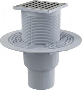 Сливной трап 105×105/50/75 мм прямой сток, решетка из нержавеющей стали, гидрозатвор мокрый