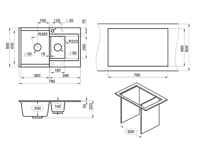 ES-7808, ЧЁРНЫЙ, кухонная мойка, кварц, ESTETICA GRANULA 7808-ST283 - Вид №4