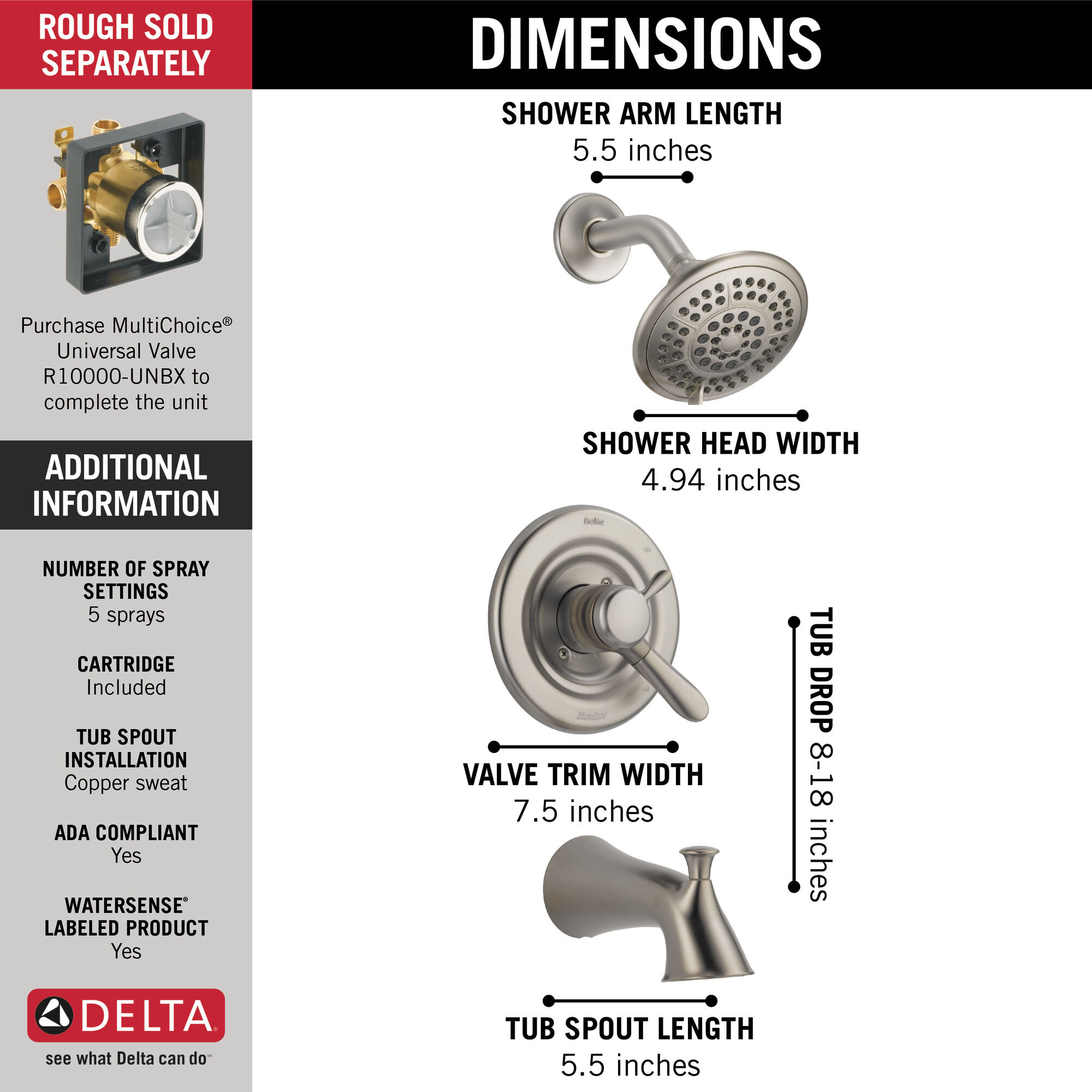 T17438-SS Для ванны и душа Monitor® 17 Series Delta Faucet Lahara Нержавеющая сталь  - Вид №1