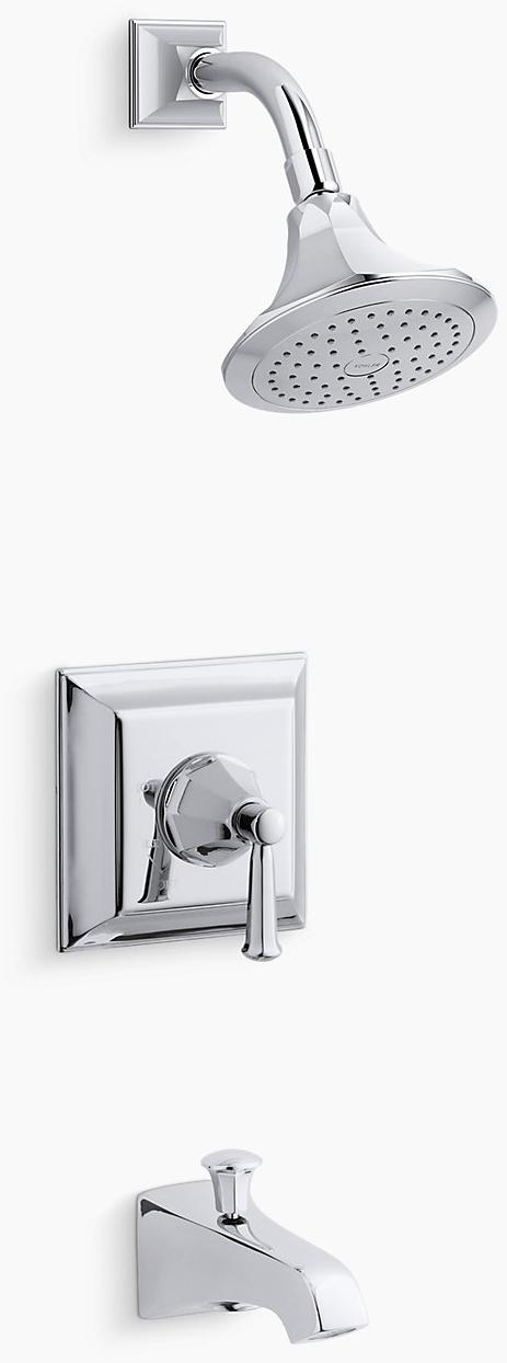 KOHLER Отделка клапана для ванны и душа Memoirs Stately Rite-Temp с рычажной ручкой, изливом и насадкой для душа 2,5 галлона в минуту K-TS461-4S-CP 