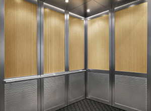 FSRT849 Интерьер лифта Levelc-2000n с верхними панелями, облицованными бамбуковым шпоном; нижние панели из нержавеющей стали, отделка «морской камень», узор «тюльпан фьюжн»; стойки и поручни из нержавеющей стали, отделка кайзером; поручень из сатинированн