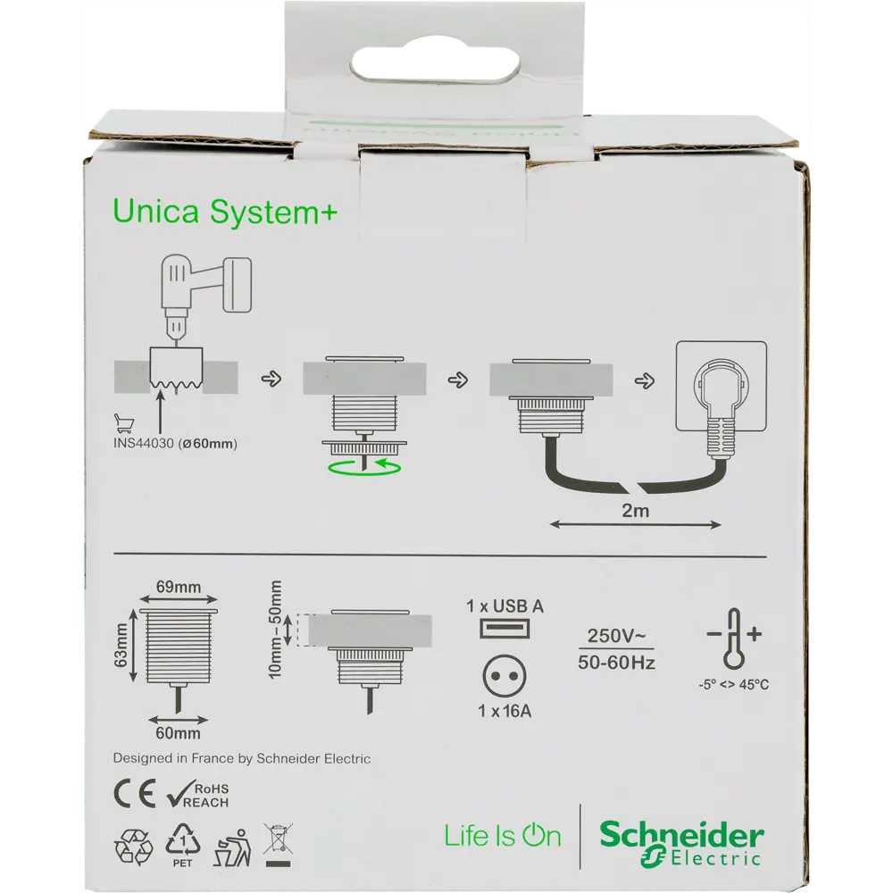 Розетка встраиваемая в столешницу Schneider Unica System 1 розетка с заземлением 1 USB 2 м 3670 Вт цвет белый 82401603 STLM-2196990 SYSTEME ELECTRIC  - Вид №6