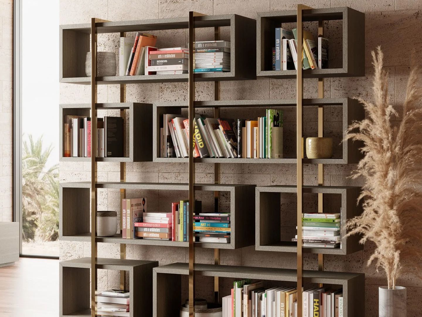 Двухсторонний книжный шкаф из нержавеющей стали и дерева Laskasas ARCH-00011168 - Вид №1