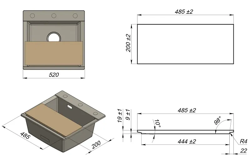 ES-5201, ГРАФИТ (ЧЁРНО-СЕРЫЙ), кухонная мойка, кварц, ESTETICA GRANULA 5201-ST169 - Вид №4